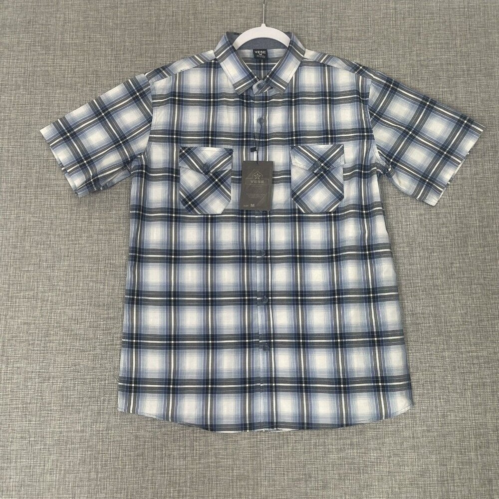 Vese Shirt Mens Medium Rodeo Wester Blue Plaid Short Sleeve BUTTON UP Cowboy